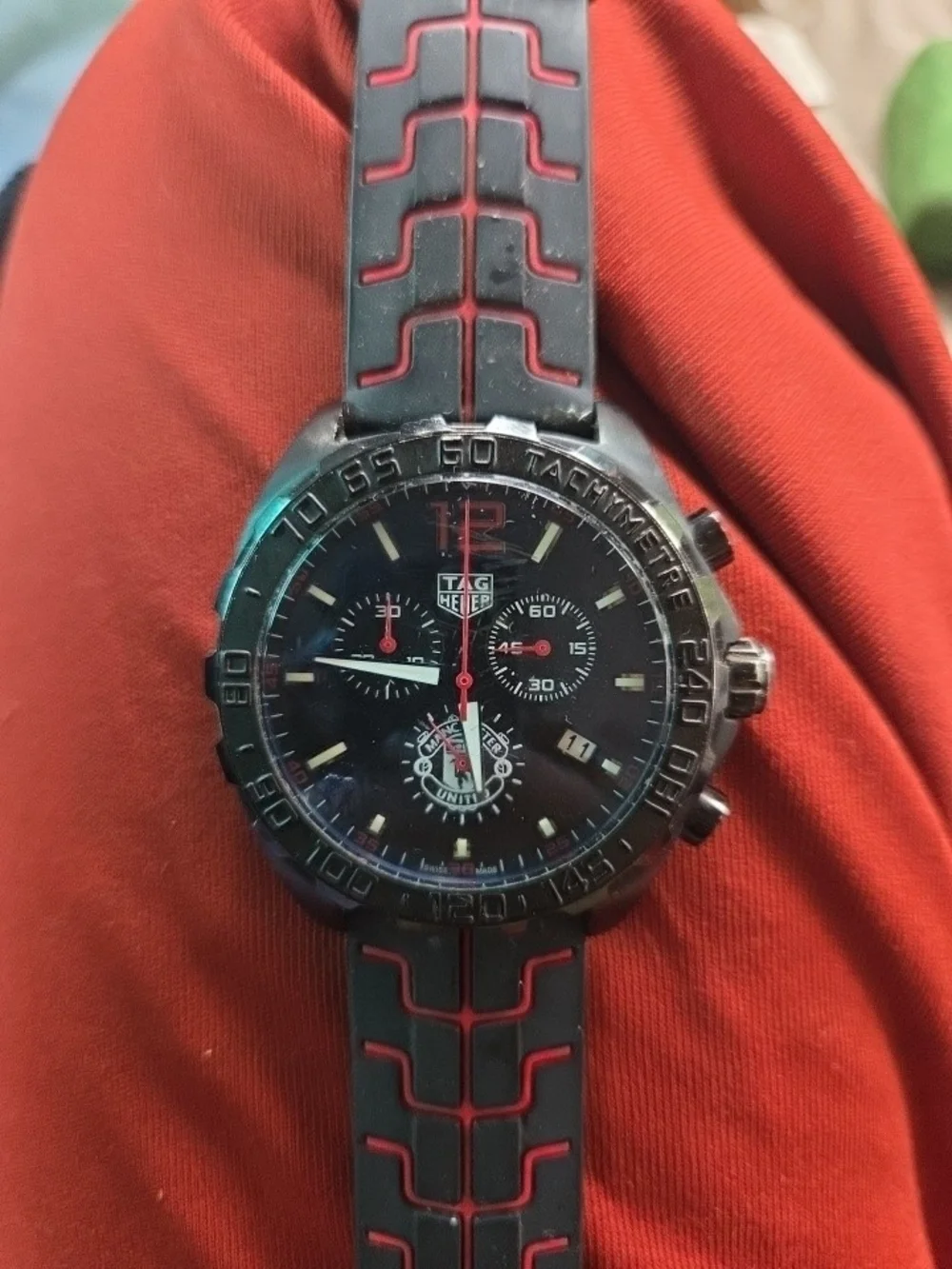 TAG Heuer Black Dial Chronograph Watch with Red Accents